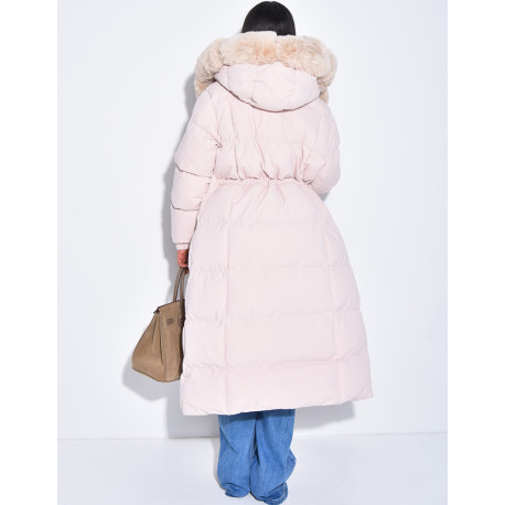 Long quilted jacket with faux fur and hood
