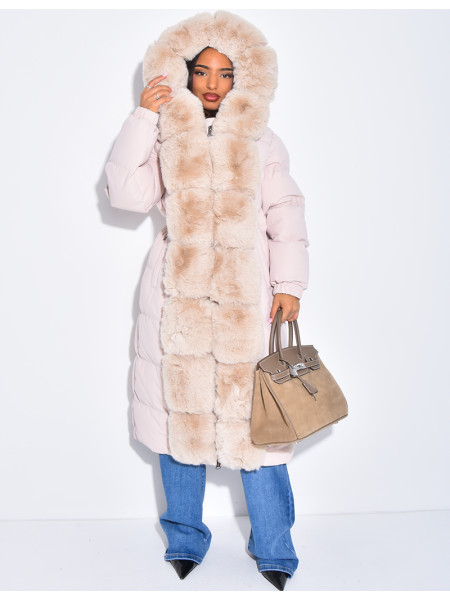 Long quilted jacket with faux fur and hood