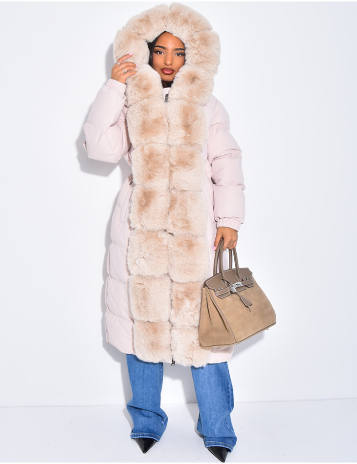 Long quilted jacket with faux fur and hood