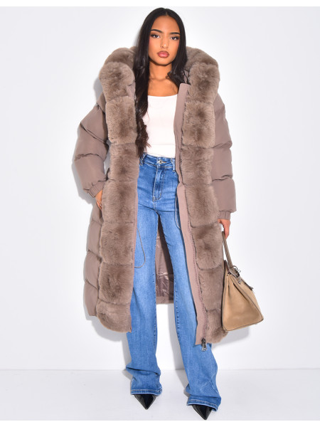 Long quilted jacket with faux fur and hood