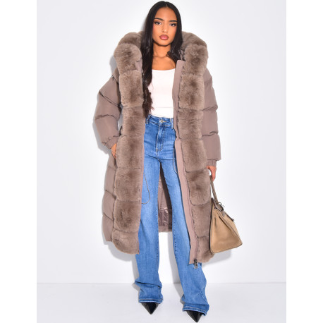Long quilted jacket with faux fur and hood