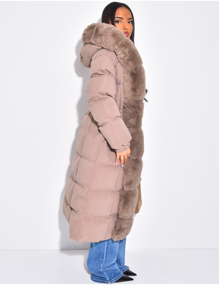 Long quilted jacket with faux fur and hood