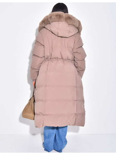 Long quilted jacket with faux fur and hood