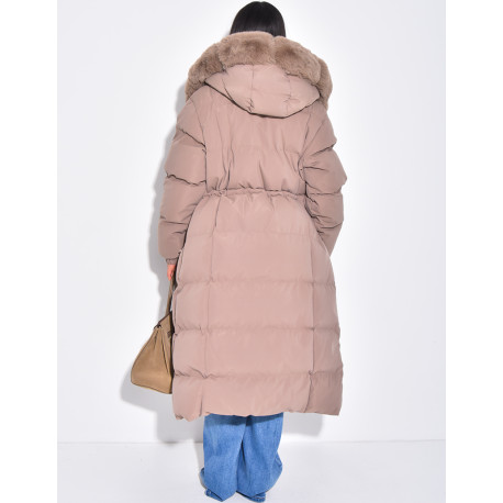 Long quilted jacket with faux fur and hood