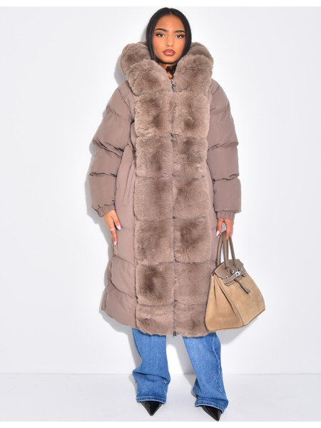 Long quilted jacket with faux fur and hood