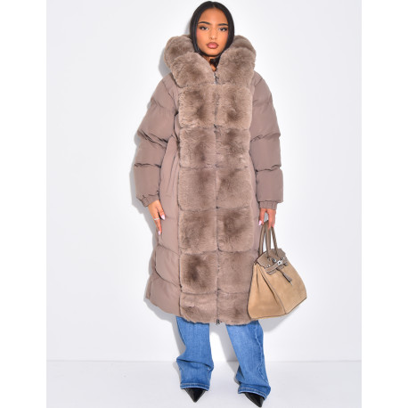 Long quilted jacket with faux fur and hood