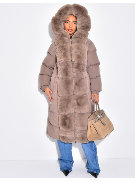 Long quilted jacket with faux fur and hood