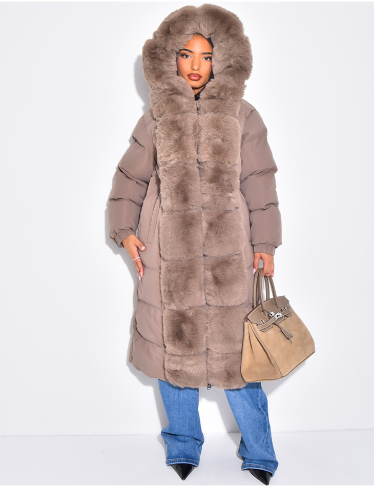 Long quilted jacket with faux fur and hood