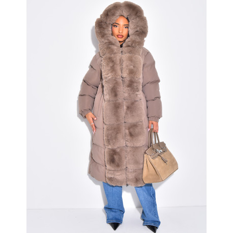 Long quilted jacket with faux fur and hood