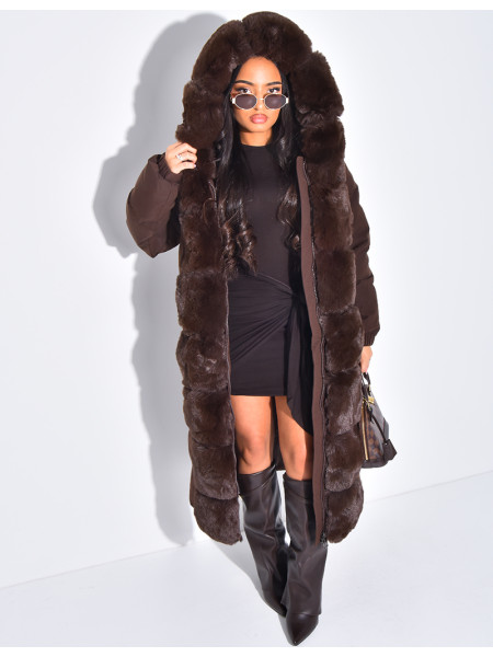 Lange, wattierte Daunenjacke mit Kunstfell und Kapuze