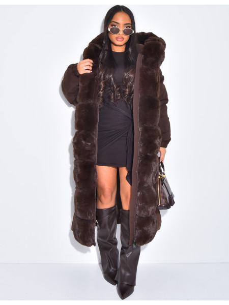 Lange, wattierte Daunenjacke mit Kunstfell und Kapuze