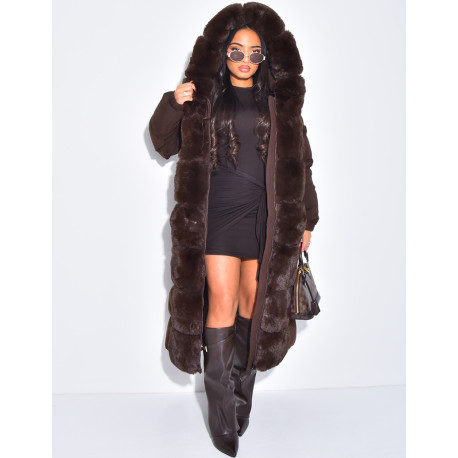 Lange, wattierte Daunenjacke mit Kunstfell und Kapuze