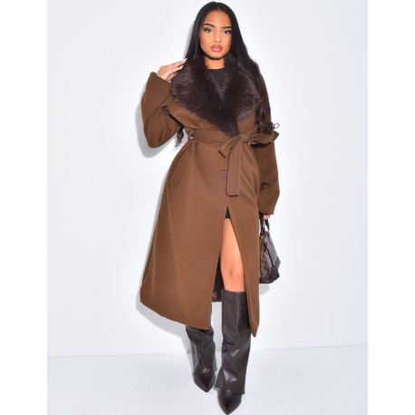 Manteau long et texturé en feutrine à col en fourrure