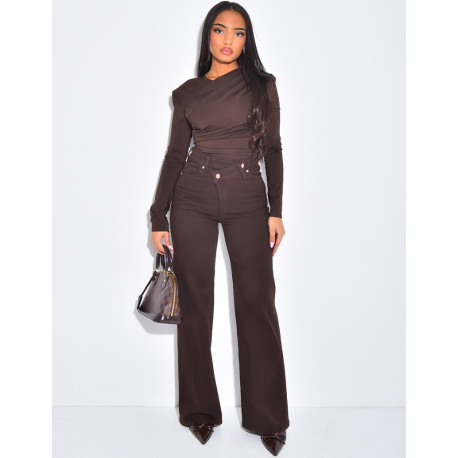 Long-sleeved draped bodysuit with shoulder pads