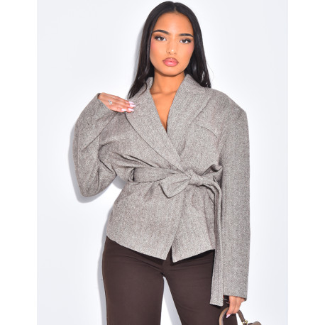 Veste de blazer en laine effet structuré à ceinture