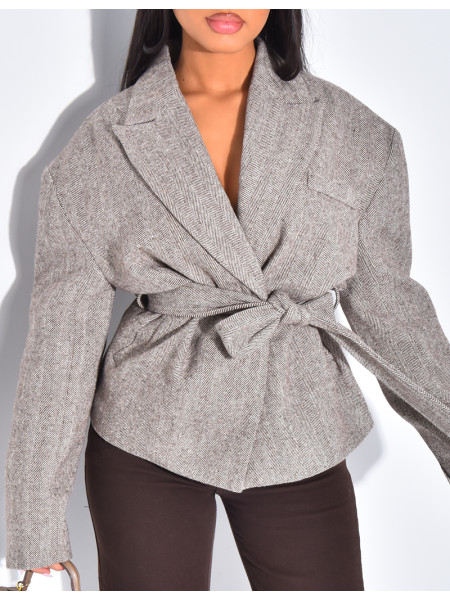 Veste de blazer en laine effet structuré à ceinture
