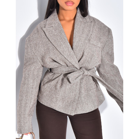 Veste de blazer en laine effet structuré à ceinture