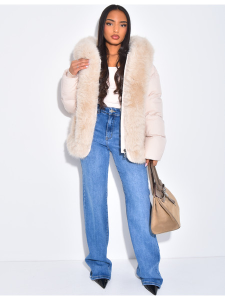 Short quilted jacket with fur trim and hood