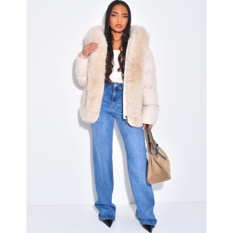 Short quilted jacket with fur trim and hood