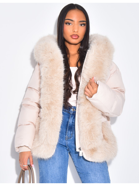 Short quilted jacket with fur trim and hood