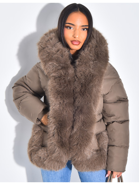 Short quilted jacket with fur trim and hood