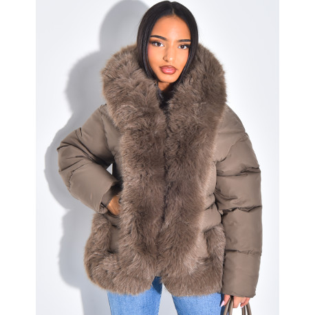Short quilted jacket with fur trim and hood