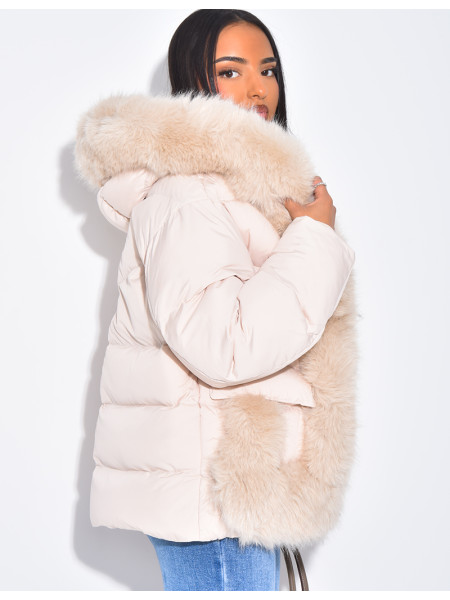 Short quilted jacket with fur trim and hood