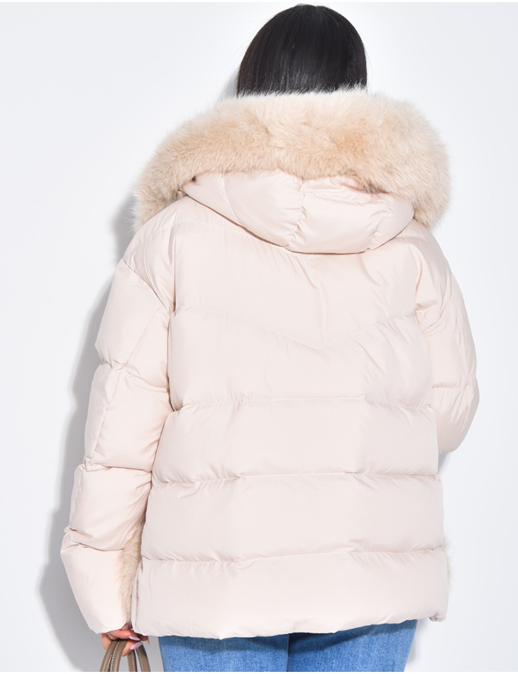 Short quilted jacket with fur trim and hood