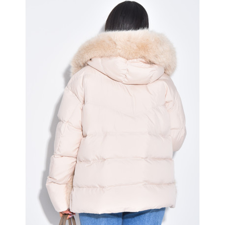 Short quilted jacket with fur trim and hood
