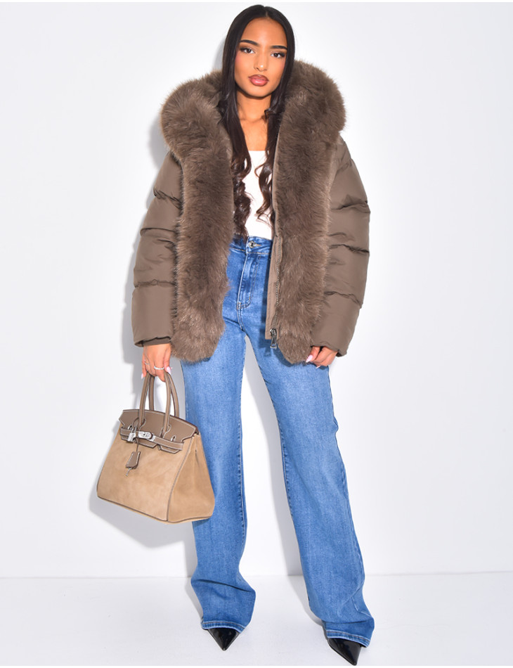Short quilted jacket with fur trim and hood