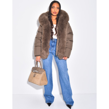 Short quilted jacket with fur trim and hood