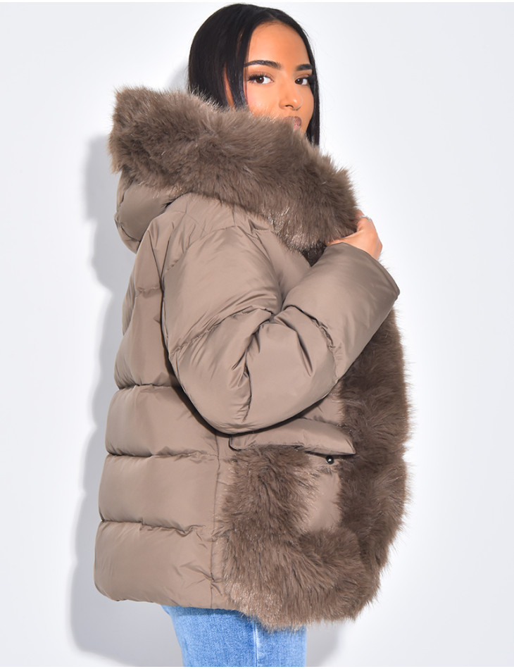 Short quilted jacket with fur trim and hood