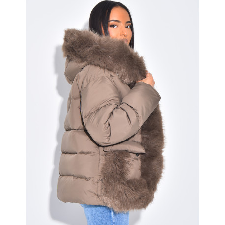 Short quilted jacket with fur trim and hood