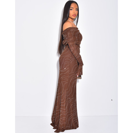 Robe longue en mesh doublée col bateau à strass effet spirale