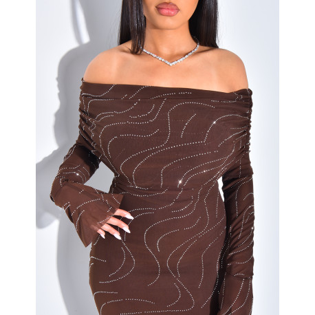 Robe longue en mesh doublée col bateau à strass effet spirale