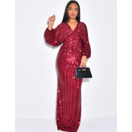 Robe longue en sequins à manches bouffantes