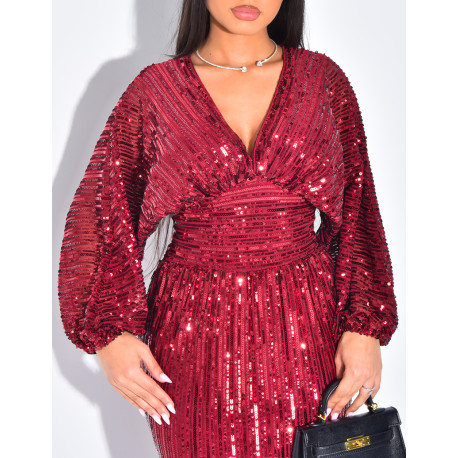 Robe longue en sequins à manches bouffantes
