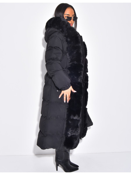 Doudoune longue matelassée à fourrure et capuche
