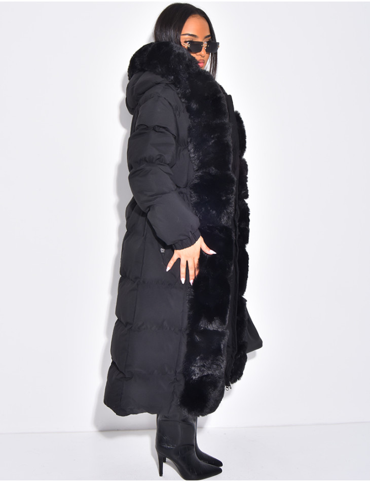 Doudoune longue matelassée à fourrure et capuche