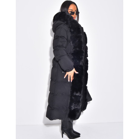 Doudoune longue matelassée à fourrure et capuche