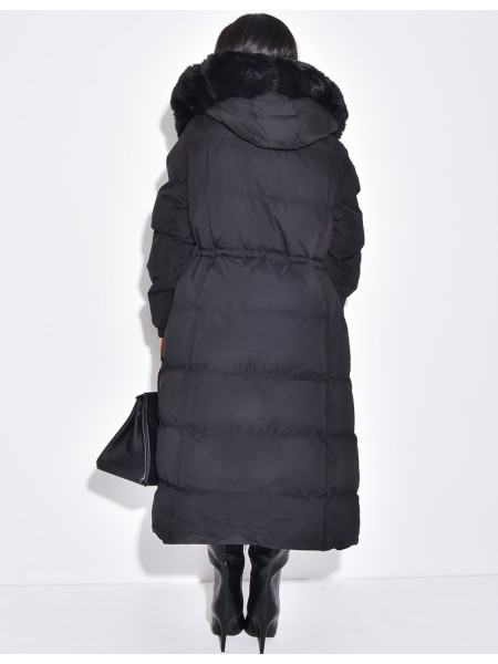Doudoune longue matelassée à fourrure et capuche