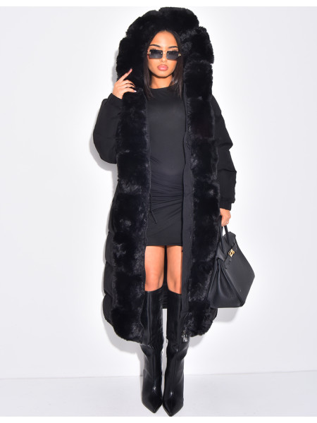 Doudoune longue matelassée à fourrure et capuche