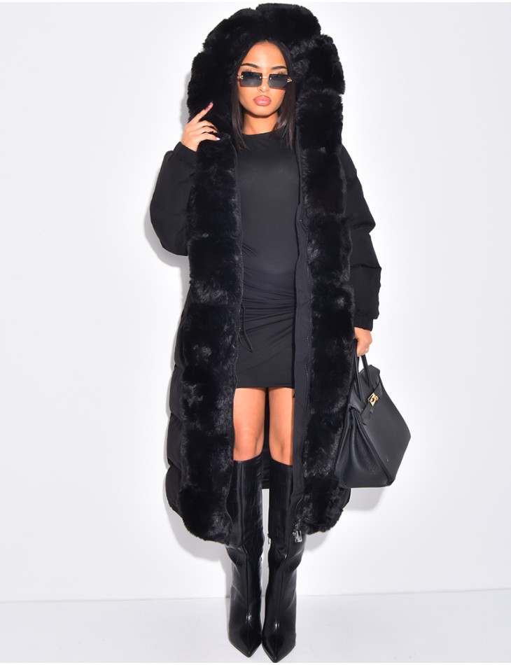 Doudoune longue matelassée à fourrure et capuche