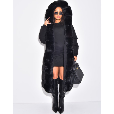 Doudoune longue matelassée à fourrure et capuche