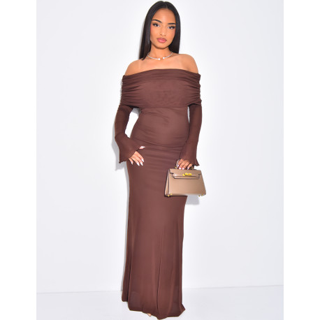 Long dress in lined voile with pleated bardot collar