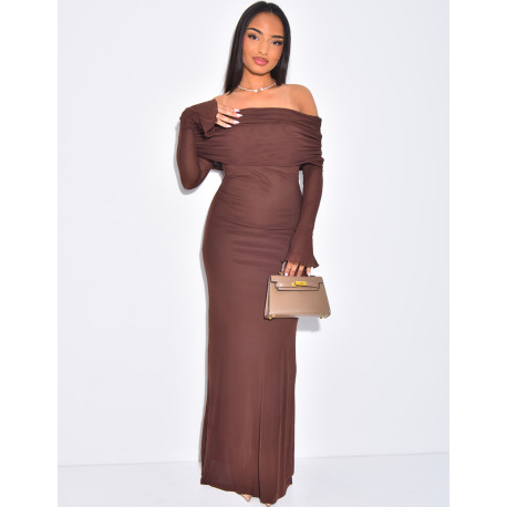 Long dress in lined voile with pleated bardot collar