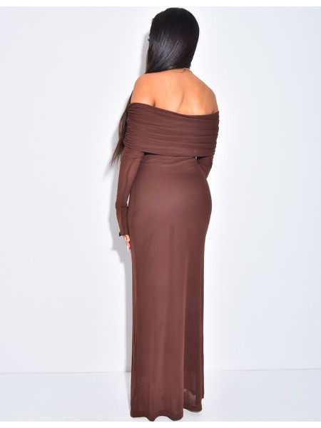 Long dress in lined voile with pleated bardot collar