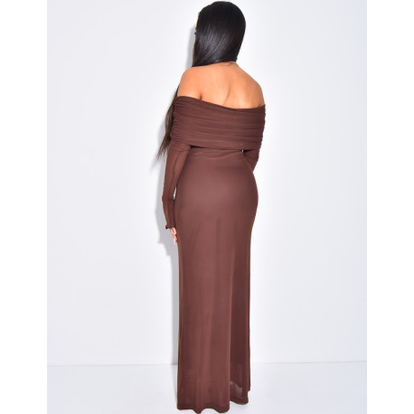 Long dress in lined voile with pleated bardot collar