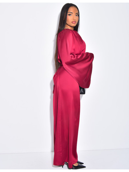 Robe longue en satin à empiècements aux manches à nouer