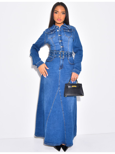 Robe longue en jeans évasée à ceinture